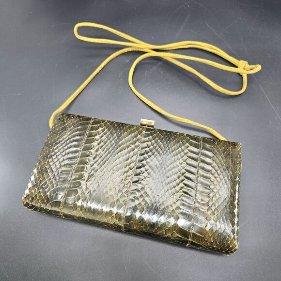 Vintage Shirl Miller Snake Skin Clutch Purse Gold Frame Leather Strap HS 119 - Picture 1 of 10